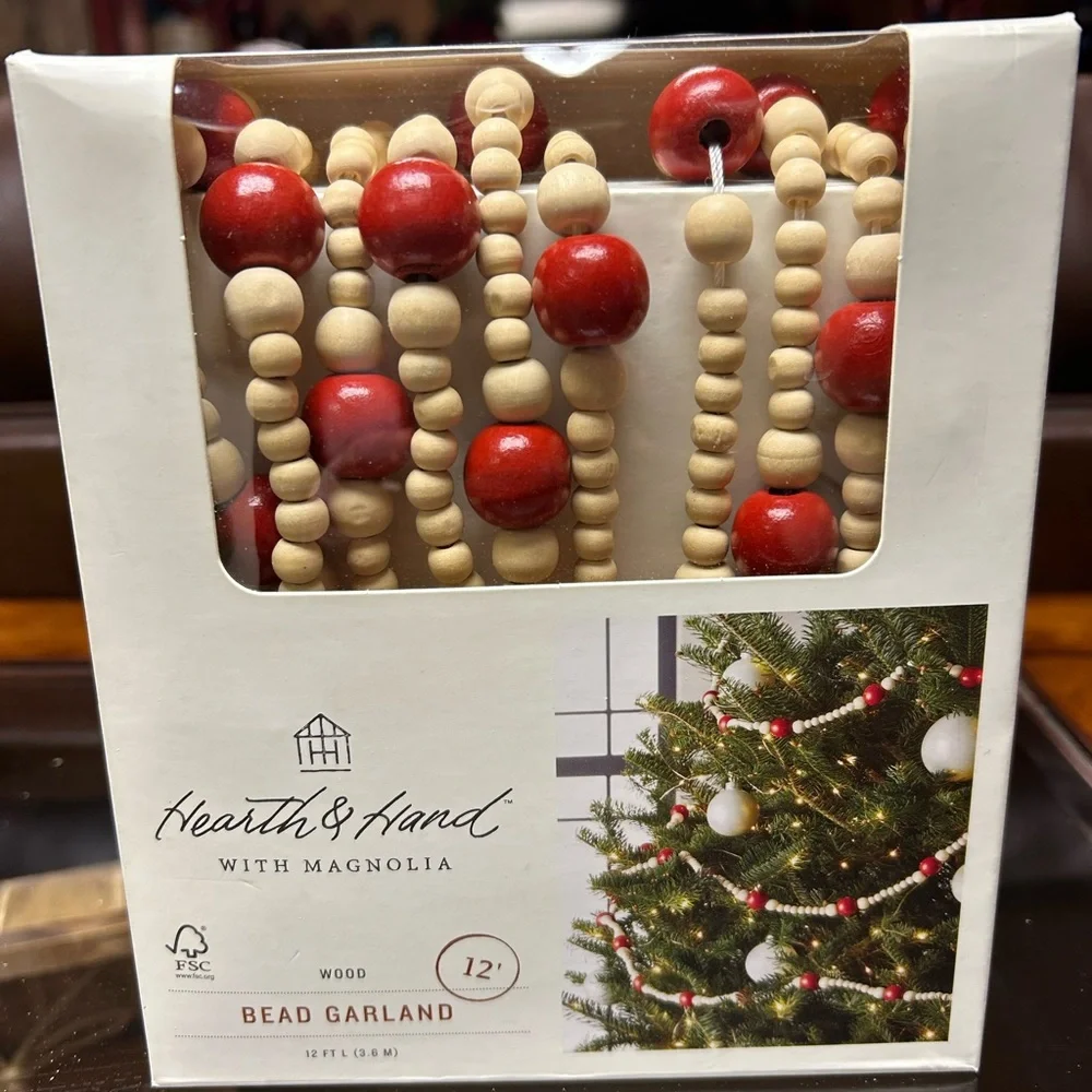 Hearth & Hand Red and Natural Wood Bead Garland 12’